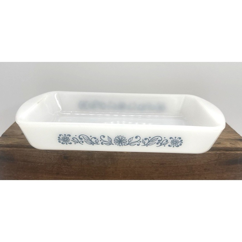 Vintage Glasbake White Blue Floral Daisy Pattern Milk Glass 12"X 7" J2024 1.5qt